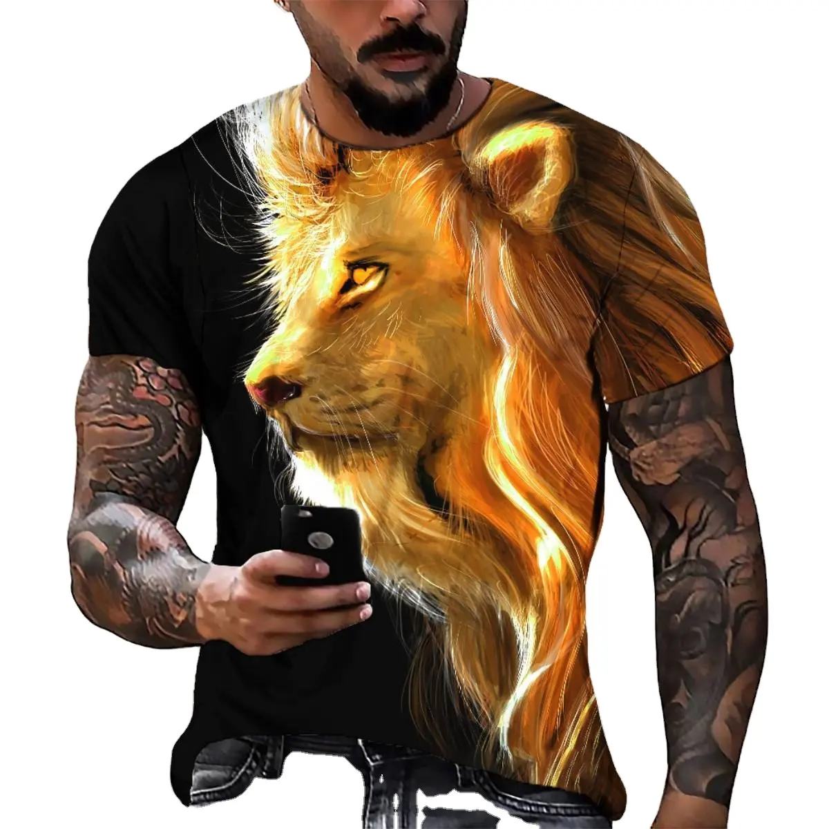 hot trend printed longhair lion king men's casual loose short-sleeved t-shirt