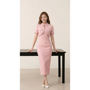 Elegante Vestido Midi Ajustado Color Rosa Pálido con Cuello de Solapa, Mangas Cortas y Cintura Ajustada, Vestido Formal de Oficina para Mujer, Servicios OEM ODM - Product Image 1