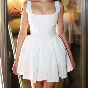 GX6406 moda 2024 yaz kare boyun kolsuz A-line Mini elbise kadınlar Club kulübü beyaz zarif parti seksi elbiseler