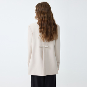 Women's Mid-Length Blazer Black Solid Color Polyester Anti-Wrinkle Suit Jacket For Office Wear - Product Image 4