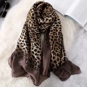 Lenço de seda feminino ombré, lenço ombré cor ombré estampa de leopardo de seda e cetim 90x180cm