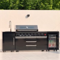 Barbecue à gaz moderne et luxueux de qualité supérieure à 8 brûleurs en acier inoxydable, brûleurs infrarouges, cuisinière latérale noire pour cuisine extérieure, réfrigérateur de 68 L