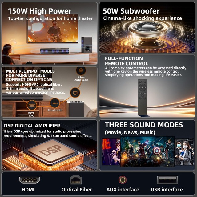 2.1 Channel 6-Speaker Home Theater Speaker Set Heavy Subwoofer Metal & ABS 1" Woofer Living Room Surround Computer TV Audio