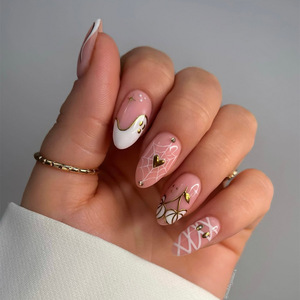 <span class=keywords><strong>Uñas</strong></span> <span class=keywords><strong>Postizas</strong></span> de Material ABS en Forma de Almendra con Relieve Dorado en Forma de Corazón, Decoradas con Diamantes Adhesivos, Más Vendidas - Product Image 1