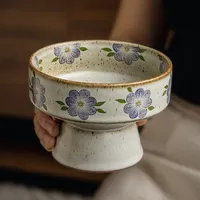 Handgemaakte hoge keramische vintage rustieke Chinese stijl serveerschaal met effen patroon voor fruit, 2026 nieuw, thee- en snackbord, gedroogd fruit