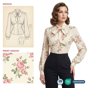 Blusa con Lazo en el Cuello y Estampado Digital Personalizado OEM, con Efecto de Fruncido en el Busto y Cintura Estructurada, Estilo Vintage Retro para Mujer - Product Image 1