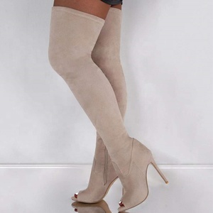 Botas de tacón alto hasta la rodilla con punta abierta, talla 43, de moda, con parte superior elástica, largas, para invierno, para mujer - Product Image 3