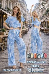 Tc390 Completo da Donna Tie Dye in Cotone e Bambù, 2 Pezzi, Manica Corta, Collo Tondo, Vestibilità Comoda, Casual, Primavera Estate, Pantaloni Lunghi e Top - Product Image 3