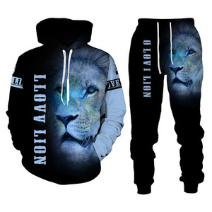 Thời Trang Phố 3D In Kỹ Thuật <span class=keywords><strong>S</strong></span>ố Động Vật <span class=keywords><strong>S</strong></span>ư Tử Đội Mũ Trùm Đầu Áo Nỉ Chạy Bộ Áo Sweatsuits Áo Thun Người Đàn Ông Của Thể Thao Hoodie Set Bộ Đồ Thể Thao - Product Image 1