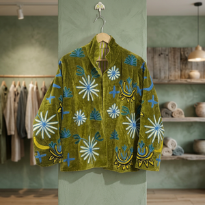 Handmade Unique Design Floral Embroidered Velvet Breathable <b>Jacket</b> Unisex <b>Mandarin</b> <b>Collar</b> Full Sleeve Autumn Handmade Cotton - Product Image 3