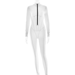 Women's Long Sleeve Zipper Bodysuit Solid Color Round Neck <b>Tight</b> Fit <b>Knitted</b> Polyester Jumpsuit Autumn Winter Wear - Product Image 4