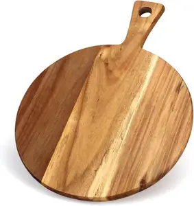 Acacia Wood Cutting Board with Handle Wooden Chopping Round Paddle for Meat Bread Serving Board Charcuterie Board