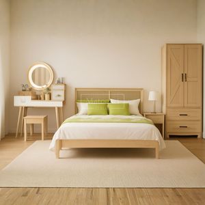 Contemporary Wood Bedroom Furniture Set with Storage Cabinet <b>LED</b> <b>Vanity</b> Upholstered Queen Bed & Nightstands for Apartment - Product Image 2