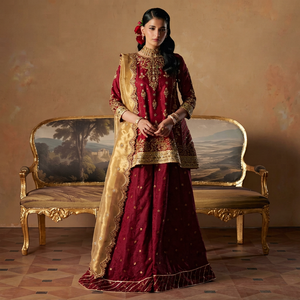Ensemble Anarkali brodé style velours bordeaux traditionnel pakistanais pour mariage, taille naturelle, robe de soirée pour femme - Product Image 1