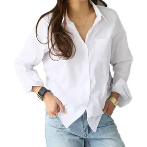 Blus kemeja kerah Turn-down, kemeja dasar sederhana lengan panjang longgar Formal untuk wanita putih tipis warna polos