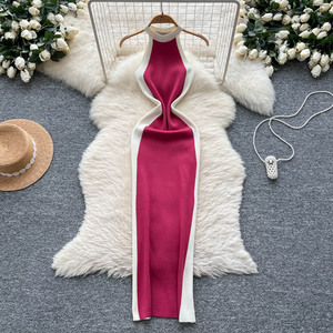 2025 été Y2K licou gaine hanche robe mi-longue pour les femmes <span class=keywords><strong>sans</strong></span> <span class=keywords><strong>manches</strong></span> Empire contraste couleur dentelle robe - Product Image 3