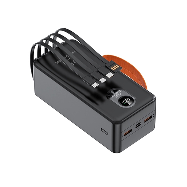 2025 New Model Power Bank 50000mah PD 22.5w Fast Charging Built in 4 Cables Digital Display Lanyard Outdoor Portable Charger