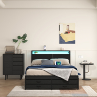 Base de Cama Moderna con 8 Cajones de Almacenamiento, Tomacorriente, Luces LED y Cabecera Estable, Color Negro Sólido para Dormitorio