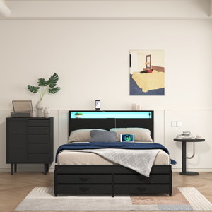 Modern <strong>Platform</strong> <strong>Bed</strong> <strong>Frame</strong> with 8 Storage Drawers Power Outlet LED Lights Headboard Stable Solid Black for Bedroom - Product Image 3