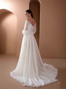 10144 # fuera del hombro fruncido gasa vestido de novia Simple Sweetheart <span class=keywords><strong>2021</strong></span> barato espalda descubierta mangas largas hinchadas vestido de novia - Product Image 2