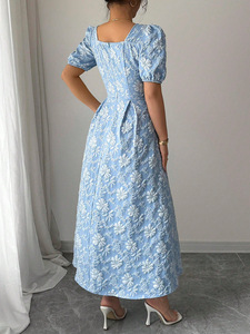 Elegante Vestido Midi Azul Sólido de Gasa para Mujer, Corte en A, Cuello Cuadrado Vintage, Manga Corta, Casual, Lavable, Vestido de Verano - Product Image 2