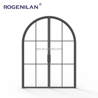 Porte battante Rogenilan à double battant, design français, en aluminium, avec grille et texture intérieure en verre