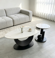 Ensemble de tables basses ovales avec plateau en pierre frittée et base en métal noir artistique, décoration moderne, table à thé et table d'appoint pour salon et maison