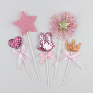 Pink Cake Toppers Set 5 Pieces Heart Bunny Crown Star Birthday Party Decorations - Product Image 1