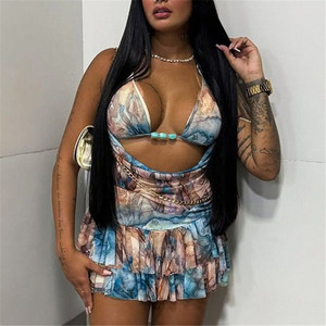 Women 2 Piece Summer Outfits Sey Print Sleeveless Lace up Crop Tops Ruffle Mini Skirt <b>Set</b> - Product Image 2