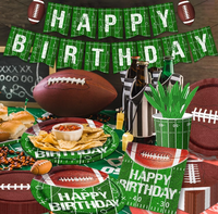 Ensemble de vaisselle jetable sur le thème du rugby pour fête d'anniversaire, comprenant des assiettes en papier, des gobelets, des serviettes, des couverts, une nappe, des bannières, des drapeaux et des fournitures