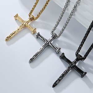 Retro yunnique style wood grain cross necklace for men, niche design, <b>titanium</b> steel pendant, colorfast jewelry, Do - Product Image 2