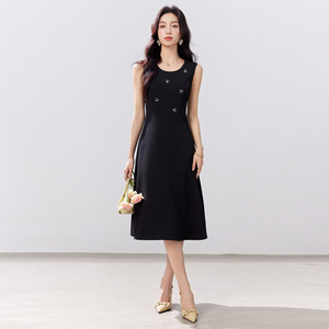 Sleeveless A-Line Little Black Dress Round Neck Slim Fit Breathable Daily Wear Solid Color Simple Design - Product Image 1