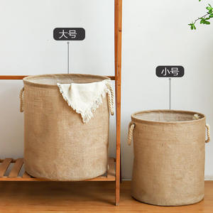 ตะกร้าผ้าฝ้ายปอกระเจาทรงกลมพร้อมหูหิ้วเชือก สำหรับจัดเก็บของใช้ในบ้านแบบพกพา - Product Image 3