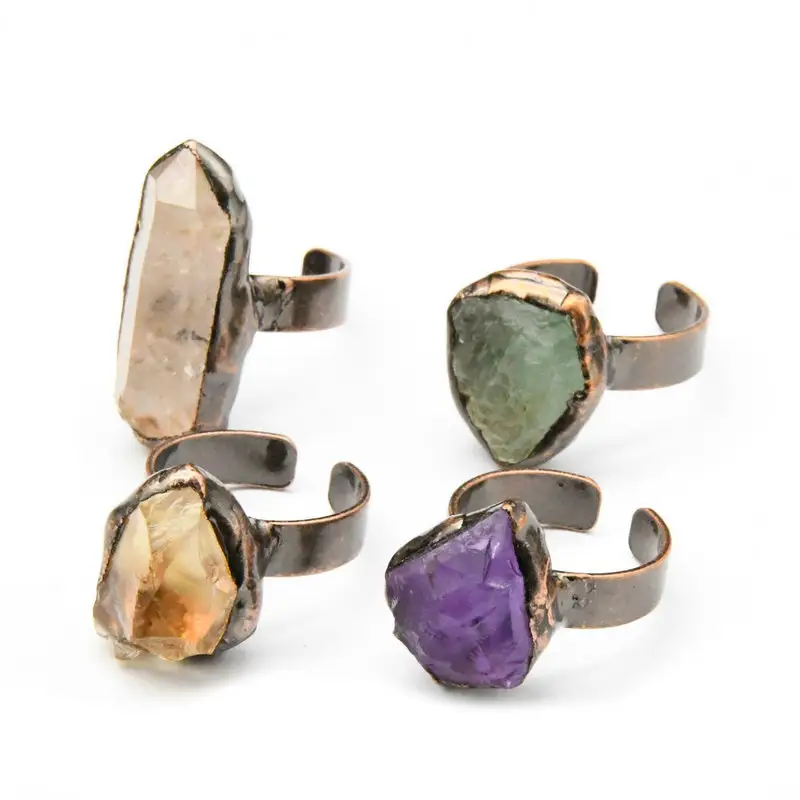 Anéis de pedra naturais, anéis de cristal de bronze antigo ajustável, de tamanho aberto, verde, de fluorite, roxo, ametista, moda feminina