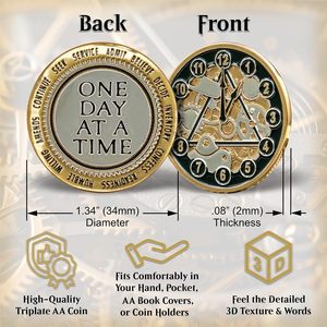 Medaglione AA Coin Sobriety Placcato Oro 24k, Tema Meccanico 3D, Regalo di Recupero per Uomini e Donne, Rotondo in Metallo da 34mm - Product Image 3