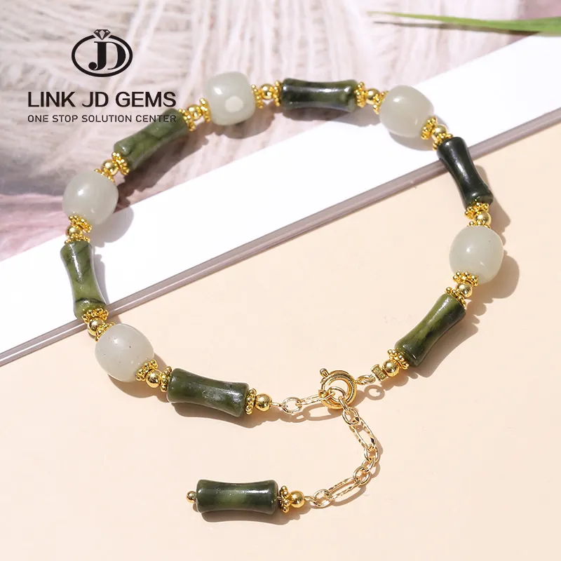 Jd pulseira de miçangas, novo design elegante bracelete de miçangas de bambu do sul do vintage com formato de barril luz verde jade miçangas