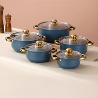 Set Peralatan Masak Anti Lengket Stainless Steel Warna-warni 10 Buah dengan LOGO Kustom, Gagang Berlapis Emas, Panci Stainless, Set Panci Dapur untuk Ekspor