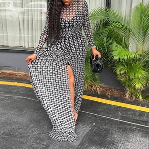 Vestido Elegante con Abertura, Detalles Transparentes, Cintura Ajustada, Cuello Alto Estampado y Mangas Largas - Product Image 2