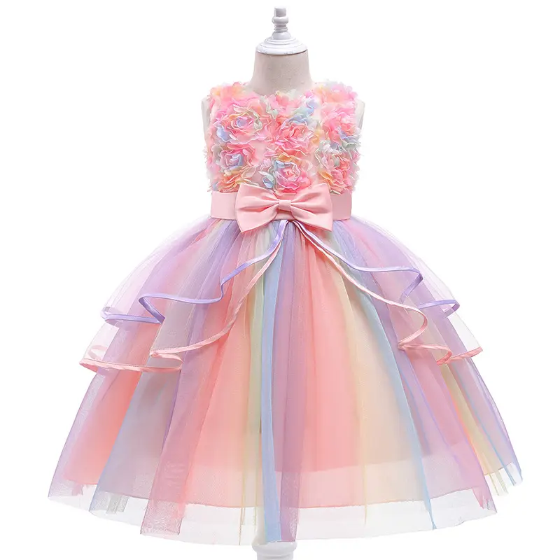 New Baby Girls Dress Lace Tutu Rainbow Princess Dress Bridesmaid Dresses For Girls Children Clothing Vestidos 2 3 10 Years