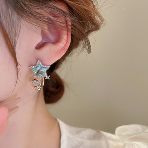 S925 New Zircon Five-pointed Sparkle Star Pendientes Delicado Diseño de temperatura de moda Blue Cubic Venta al por mayor Mujeres - Product Image 6