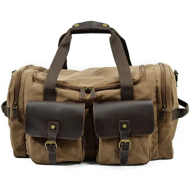 वीकेंडर कैनवास डफ़ल बैग बड़ी क्षमता वाला पहनने के लिए प्रतिरोधी असली लेदर पुरुषों का यात्रा डफ़ल बैग