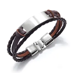 Nom de logo gravé personnalisé populaire Mots personnalisés Bracelet en cuir pour hommes à tissage multicouche