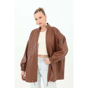 Veste en cuir véritable marron pour femme Puane, avec fermeture éclair sur le devant, élégante et confortable, idéale pour toutes les saisons - Product Image 1