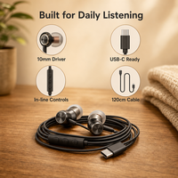 Practical Type C In-Ear Wired Earphone with Microphone Handsfree Earbuds Volume Adjustment 10mm Driver Bulk Wholesale