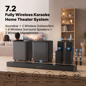 Système Home Cinéma Wanyin 5.1.2 Canaux Entièrement <span class=keywords><strong>Sans</strong></span> <span class=keywords><strong>Fil</strong></span> en Bois avec Barre de Son, Caisson de Basses, Écho Mural et Karaoké 2025 - Product Image 1