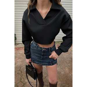 Black Ladies <b>Crop</b> <b>Top</b> Stand Collar Half Sleeve Woven Cotton <b>Silk</b> Chiffon Breathable Casual Style for Summer Autumn Logo Free - Product Image 3