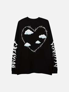 เสื้อยืดแขนยาวสีดำพิมพ์ลายหัวใจลวดหนามและเมฆ คอกลม ทรงหลวม ใส่ได้ทั้งชายและหญิง ทุกฤดูกาล - Product Image 2