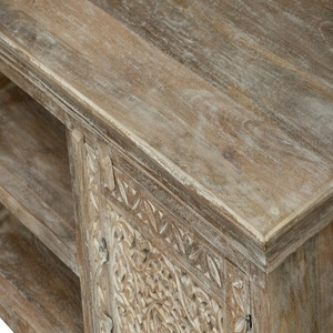 Hand-Carved Solid Wood TV <b>Unit</b> with <b>Storage</b> Cabinets & <b>Open</b> Shelves – Rustic Natural Finish - Product Image 4