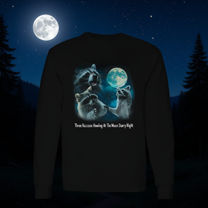 Camiseta de manga larga con estampado de tres mapaches que ronquen al luna en una noche estrellada - Product Image 3