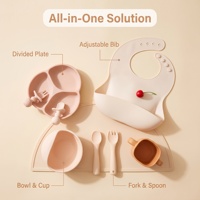 Ensemble d'alimentation pour bébé en silicone de qualité alimentaire, rose nude clair, kit d'alimentation pour tout-petits avec assiette à ventouse, bavoir, fourchette, cuillère, bol et tasse pour enfants